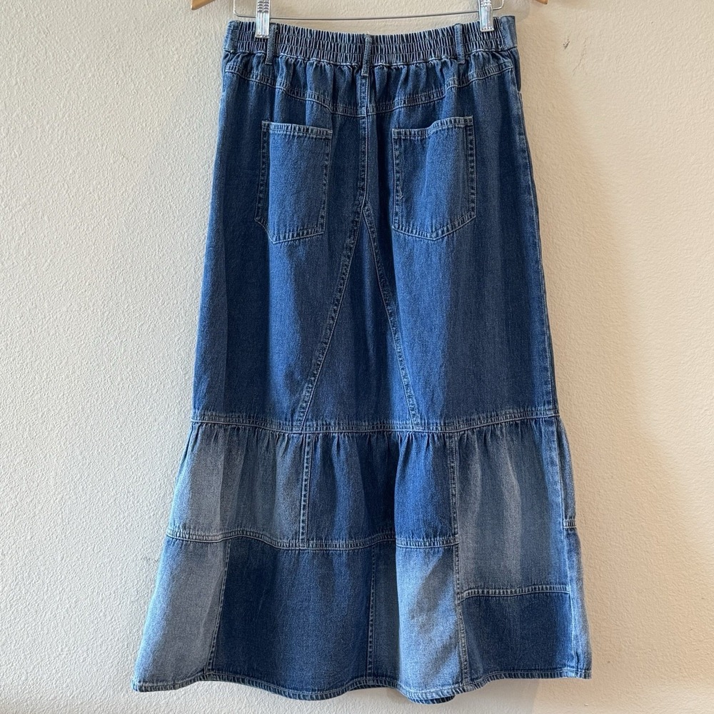 Boho Patchwork Denim Tiered Midi Skirt Prairie Festival Y2K Size Medium - Picture 5 of 8